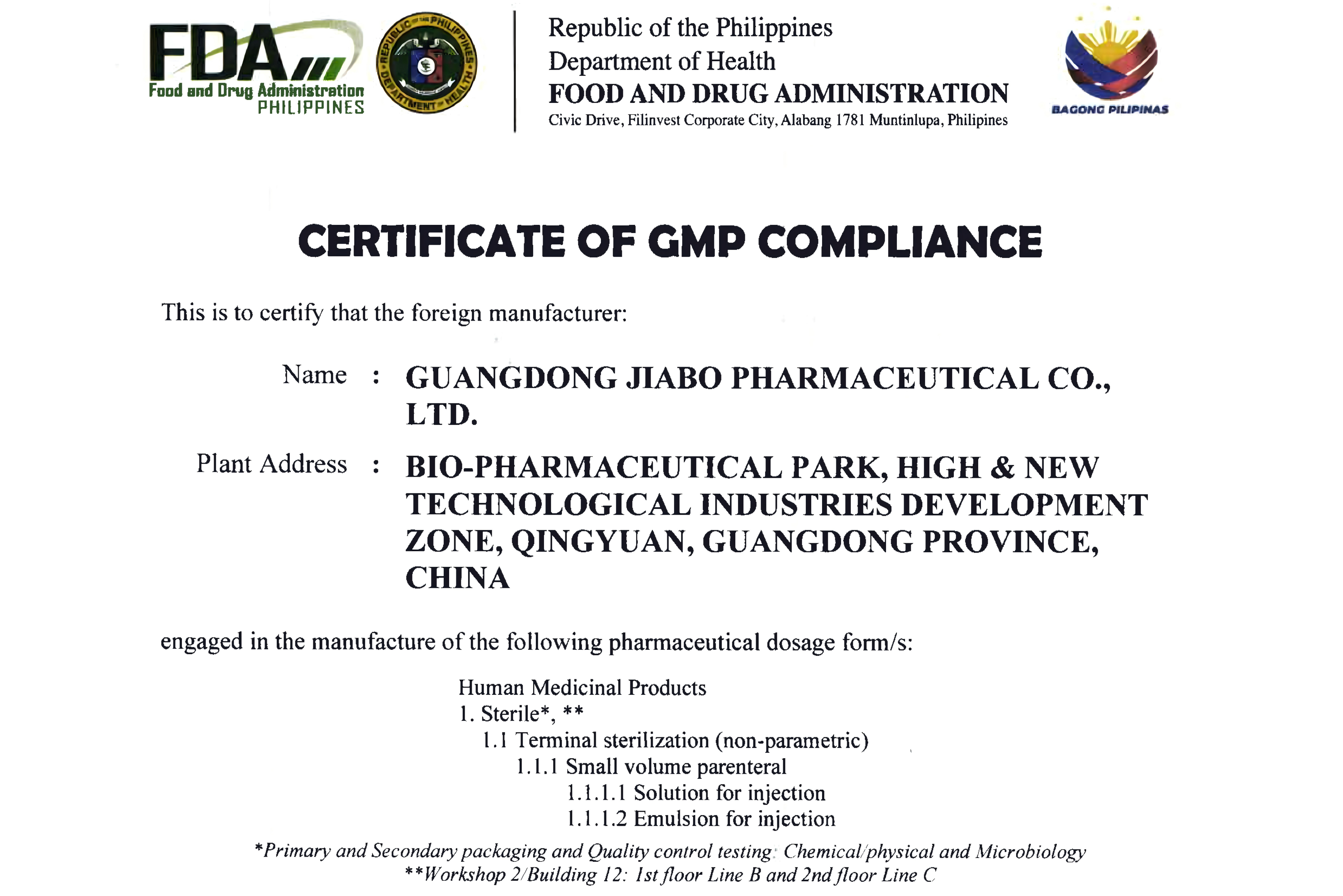 GMP&nbsp;Compliance by The&nbsp;Philippines&nbsp;FDA